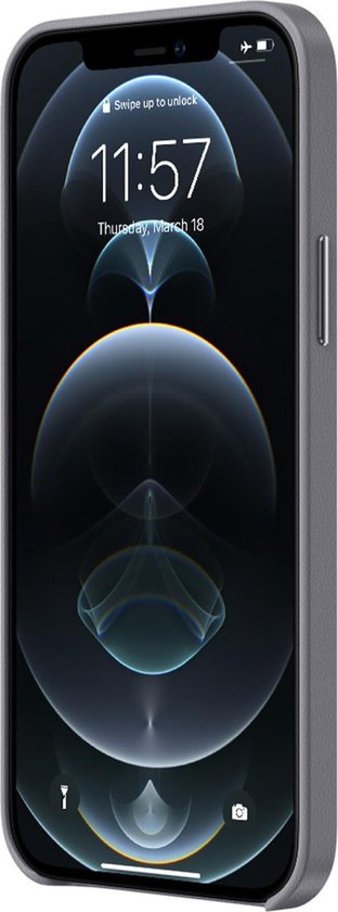 Étui de téléphone gris avec un téléphone affichant '11:57 Jeudi, 18 mars'.