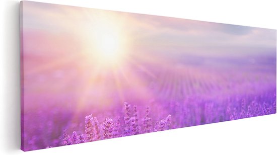 Artaza Canvas Schilderij Bloemenveld Met Paarse Lavendel  - 90x30 - Foto Op Canvas - Canvas Print