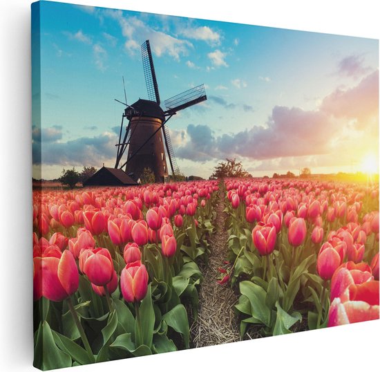 Artaza Canvas Schilderij Roze Tulpen Bloemenveld - Met Windmolen - 40x30 - Klein - Foto Op Canvas - Canvas Print
