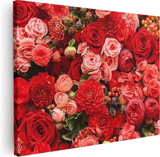 Artaza Canvas Schilderij Rode En Roze Bloemen Met Fruit - Abstract - 40x30 - Klein - Foto Op Canvas - Canvas Print