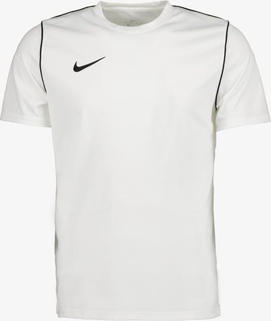 Witte Nike voetbalshirt voor heren, met donkerblauwe bies langs de schouders en een zwart Nike logo op de linkerborst.