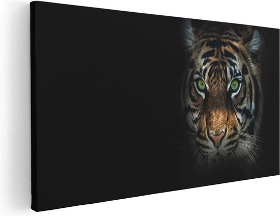 Artaza Canvas Schilderij Tijgerkop Met Groene Ogen - Tijger - 40x20 - Klein - Foto Op Canvas - Canvas Print