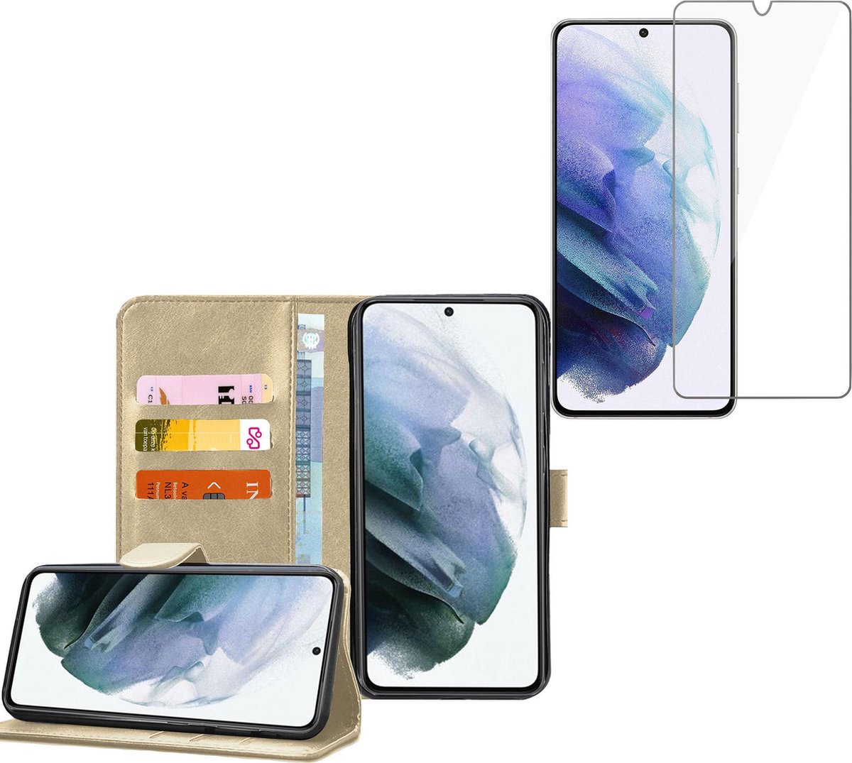 Hoesje geschikt voor Samsung Galaxy S21 - Screenprotector Glas - Book Case Portemonnee Hoesje Goud