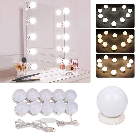 Hollywood spiegellampen - spiegelverlichting - make up spiegellamp - 10 dimbare LED lampen - 3 lichtstanden - 