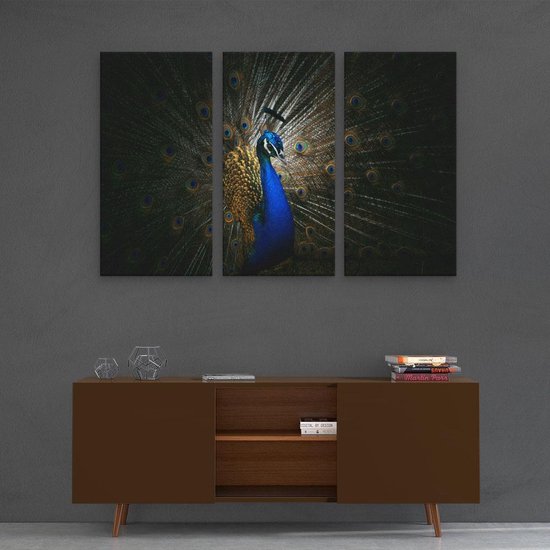Artaza Canvas Schilderij Drieluik Blauwe Pauw Met Grote Veren - 120x80 cm - Wanddecoratie Woonkamer - Schilderijen - Muurdecoratie