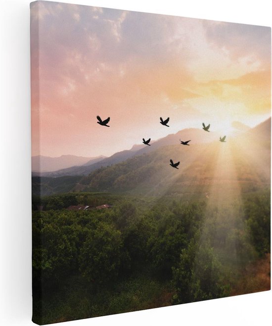 Artaza - Canvas Schilderij - Silhouet Zwerm Vogels Bij Zonsondergang - Foto Op Canvas - Canvas Print