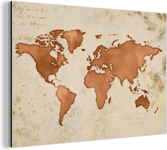 Décoration murale Métal - Peinture Aluminium - Wereldkaart - Papyrus - Koper - 30x20 cm - Dibond