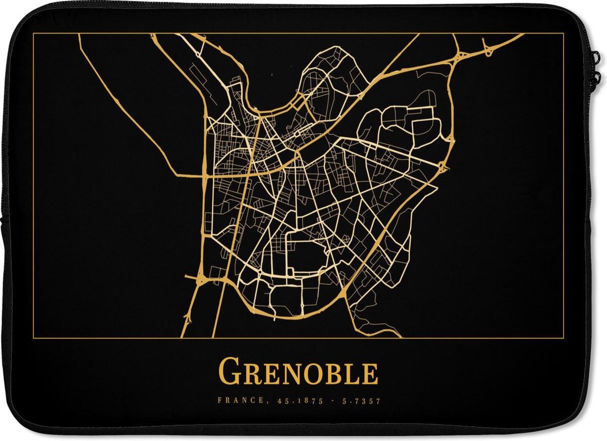 Laptophoes 13 inch - Kaart - Grenoble - Goud - Zwart - Laptop sleeve - Binnenmaat 32x22,5 cm - Zwarte achterkant