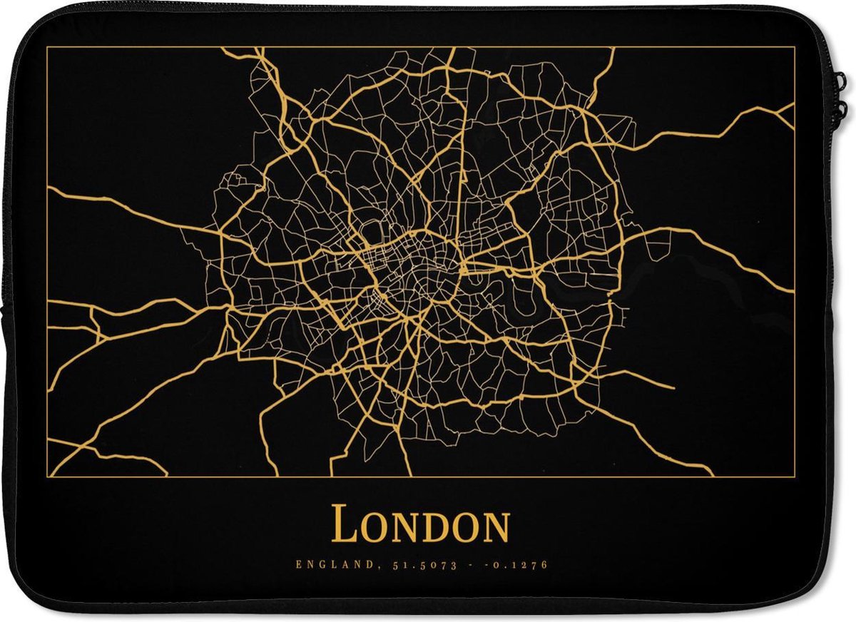 Laptophoes 14 inch - Kaart - Londen - Zwart - Goud - Laptop sleeve - Binnenmaat 33x23 cm - Zwarte achterkant