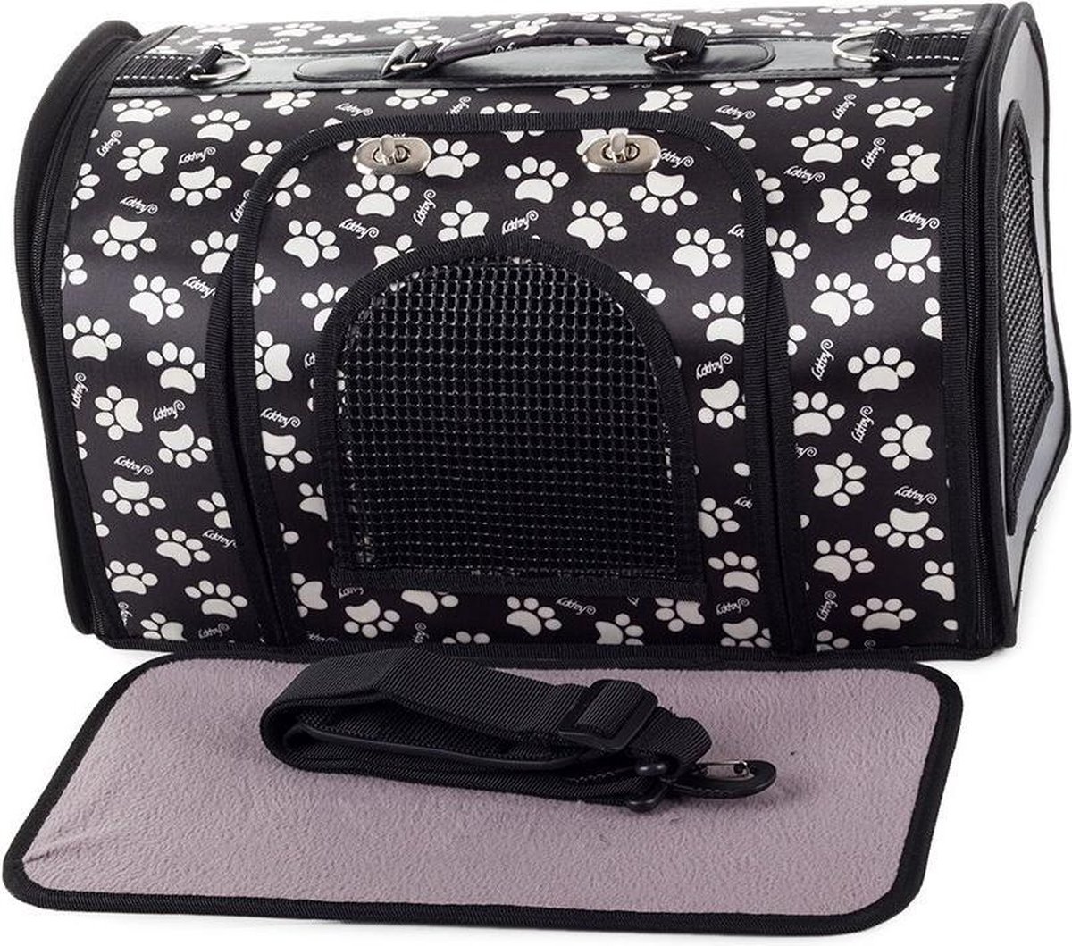Bol.com Transporttas Kat - Hond – Konijn – Zwart met Potenpatroon - 49cm - Schoudertas Reistas aanbieding