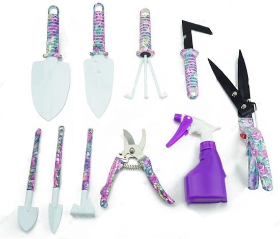 10-Delige Tuingereedschap set met Paarse Bloemenprint en Ergonomisch Handvat van Kinzo Garden — afbeelding 2