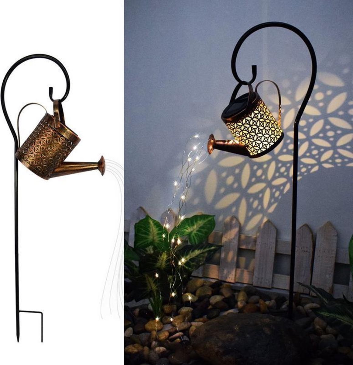 Decoratieve Hanglamp Gieter met Vonkelend Water Effect - Zonne-energie, LED, 8 uur Gebruik na Opladen - Afmetingen: 15x82x19 cm, Metaal, Koperkleur - Merkloos