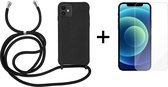 iPhone 12/12 Pro hoesje met koord zwart siliconen case - 1x iPhone 12/12 Pro screenprotector