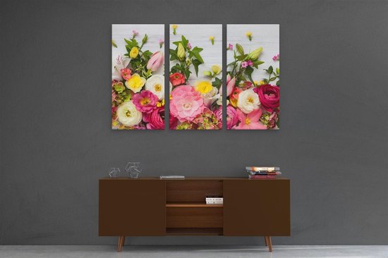 Artaza Toile Peinture Triptyque Fleurs Sur Fond De Bois Witte - 120x80 - Tableau Sur Toile - Impression Sur Toile