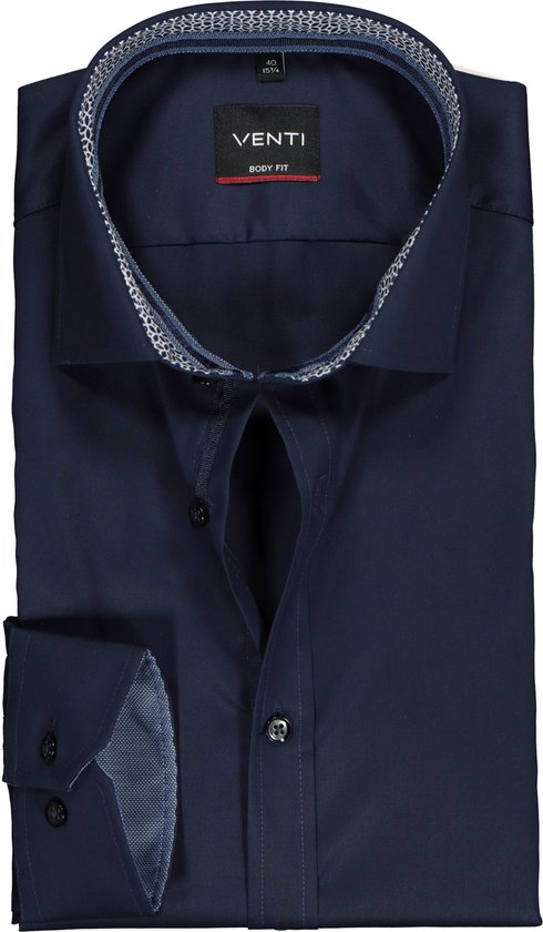 VENTI body fit overhemd - donkerblauw twill (contrast) - Strijkvriendelijk - Boordmaat: