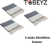 3 Stuks Tobeyz Handdoek Zwart 100% Katoen - 50x 100 cm - Hamamdoek - Hamam - Spahanddoek - Saunadoek - Zwart
