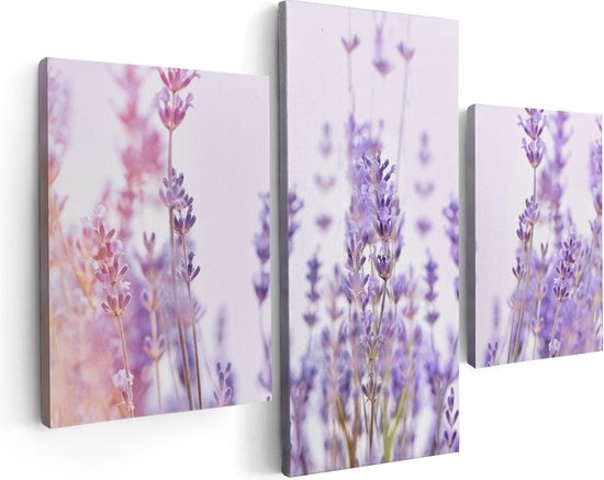 Artaza Canvas Schilderij Drieluik Paarse Lavendel Bloemen  - 90x60 - Foto Op Canvas - Canvas Print