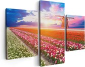 Artaza Canvas Schilderij Drieluik Kleurrijke Bloemenveld Met Een Windmolen - 90x60 - Foto Op Canvas - Canvas Print
