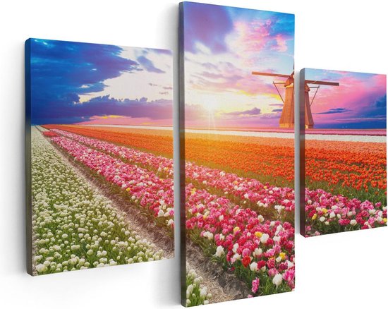 Artaza Canvas Schilderij Drieluik Kleurrijke Bloemenveld Met Een Windmolen - 90x60 - Foto Op Canvas - Canvas Print