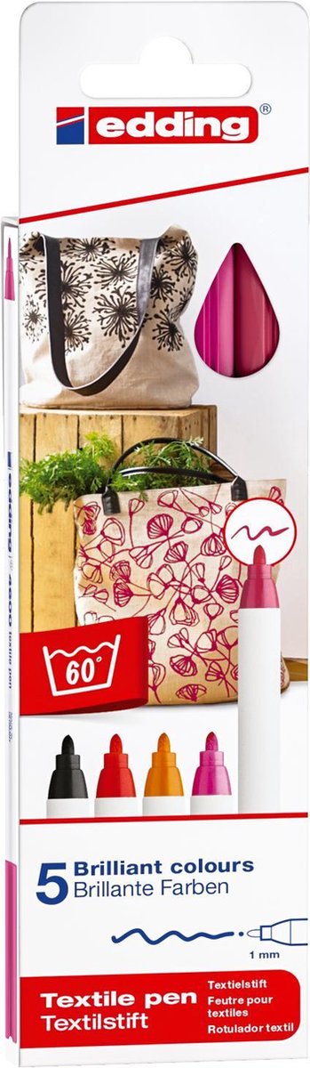 edding 4600 Textielstiften - 5 warme kleuren - Wasbestendig - Ronde punt