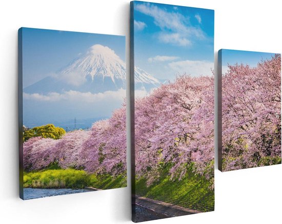 Artaza - Triptyque de peinture sur toile - Arbres en fleurs roses au Berg Fuji - 90x60 - Photo sur toile - Impression sur toile
