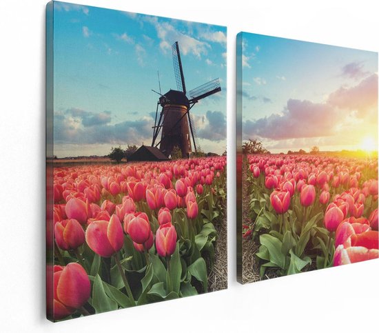 Artaza Canvas Schilderij Tweeluik Roze Tulpen Bloemenveld - Met Windmolen - 120x80 - Foto Op Canvas - Canvas Print