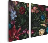 Artaza Canvas Schilderij Tweeluik Kleurrijke Bloemen Met Groene Bladeren - 80x60 - Foto Op Canvas - Canvas Print