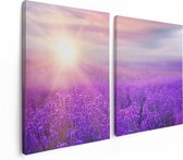 Artaza Canvas Schilderij Tweeluik Bloemenveld Met Paarse Lavendel  - 120x80 - Foto Op Canvas - Canvas Print