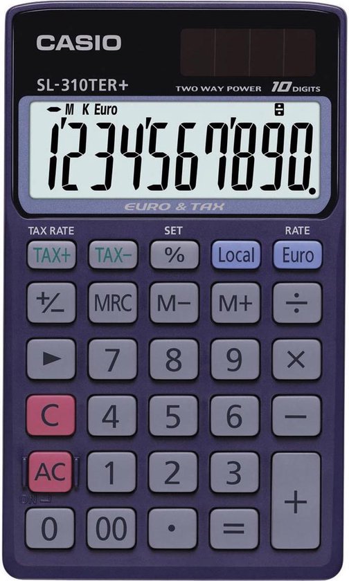 Casio SL-310TER+ rekenmachine met 10 cijfers en dubbele voeding in het paars met een display waarop 1234567890 staat.