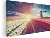 Artaza Canvas Schilderij Kleurrijke Tulpen Bloemenveld - Windmolen - 80x40 - Foto Op Canvas - Canvas Print