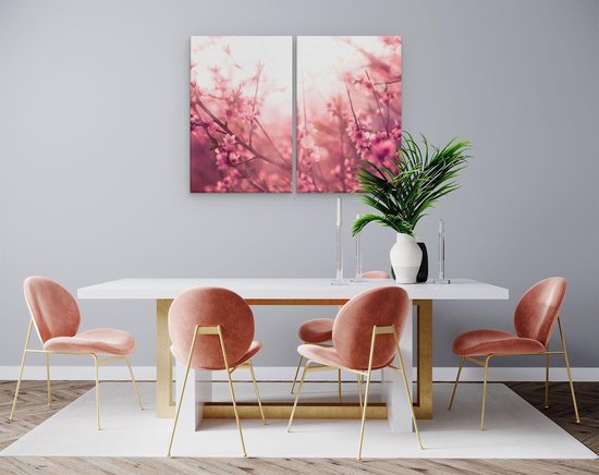 Artaza - Diptyque de peinture sur toile - Arbre à fleurs rose avec soleil - 80x60 - Photo sur toile - Impression sur toile