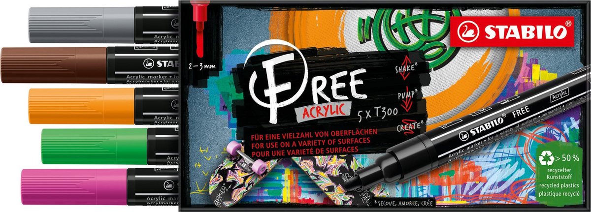 STABILO FREE - Acryl Marker - T300 - Ronde Punt - 2-3 mm - Set Vintage - Etui Met 5 Verschillende Kleuren