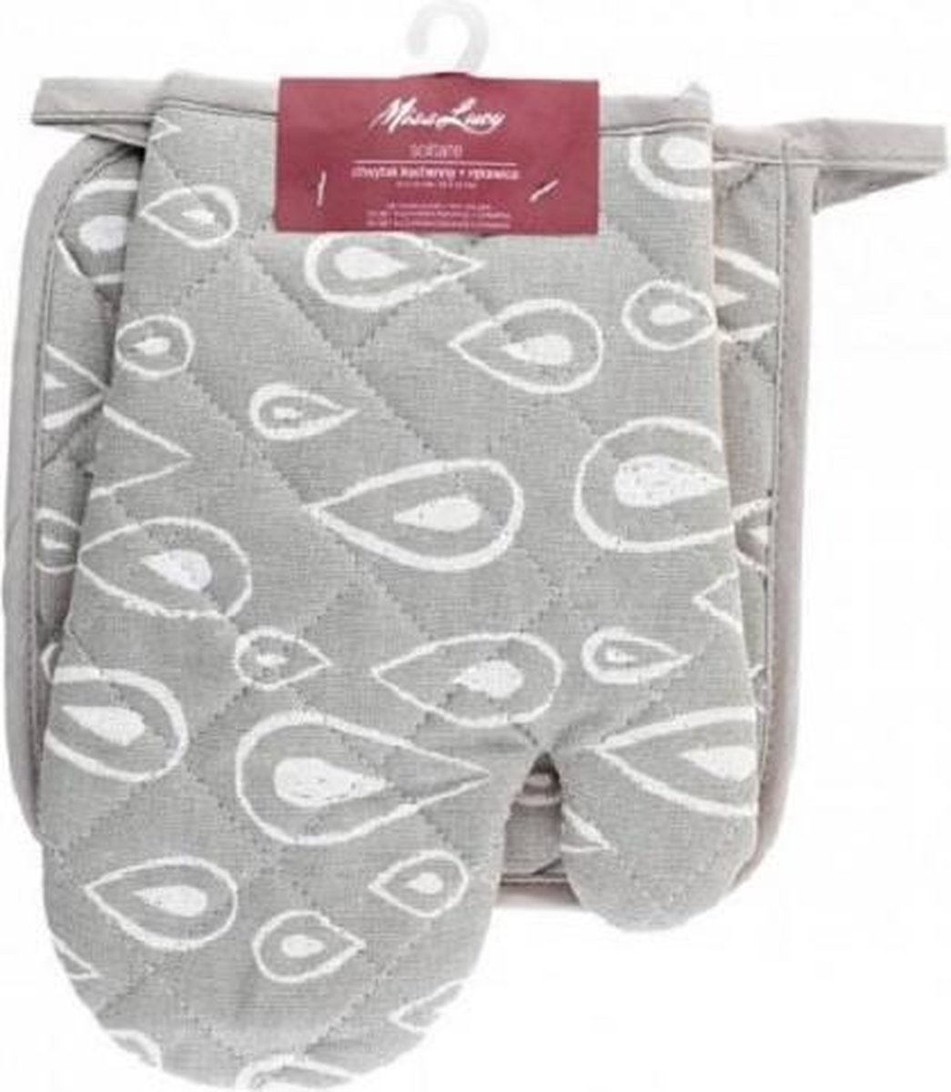 Miss Lucy Soltare set van 2 ovenwanten - Ovenhandschoenen - Pan lap - Keuken textiel - Keukenhandschoen - Grijs/Zalm