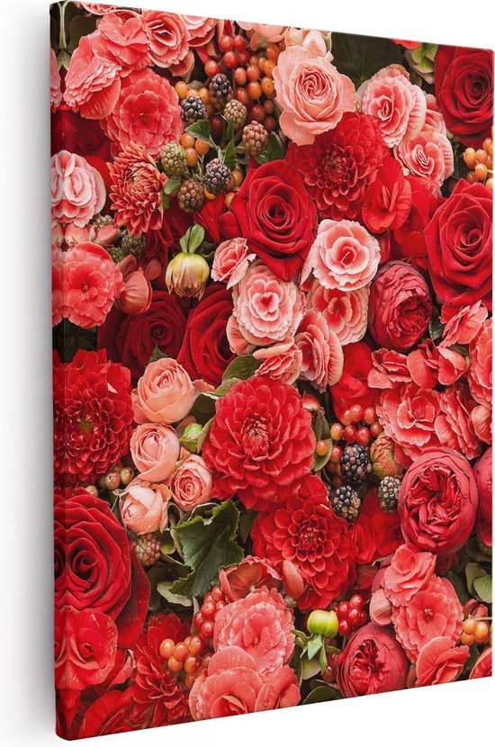 Artaza Canvas Schilderij Rode En Roze Bloemen Met Fruit - Abstract - 80x100 - Groot - Foto Op Canvas - Canvas Print