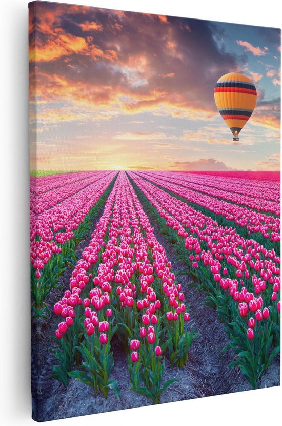 Artaza Canvas Schilderij Bloemenveld Met Roze Tulpen - Luchtballon - 80x100 - Groot - Foto Op Canvas - Canvas Print