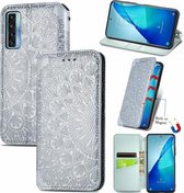 Voor TCL 20S Bloeiende Mandala Reliëfpatroon Magnetische Horizontale Flip Lederen Case met Houder & Kaartsleuven & Portemonnee (Grijs)