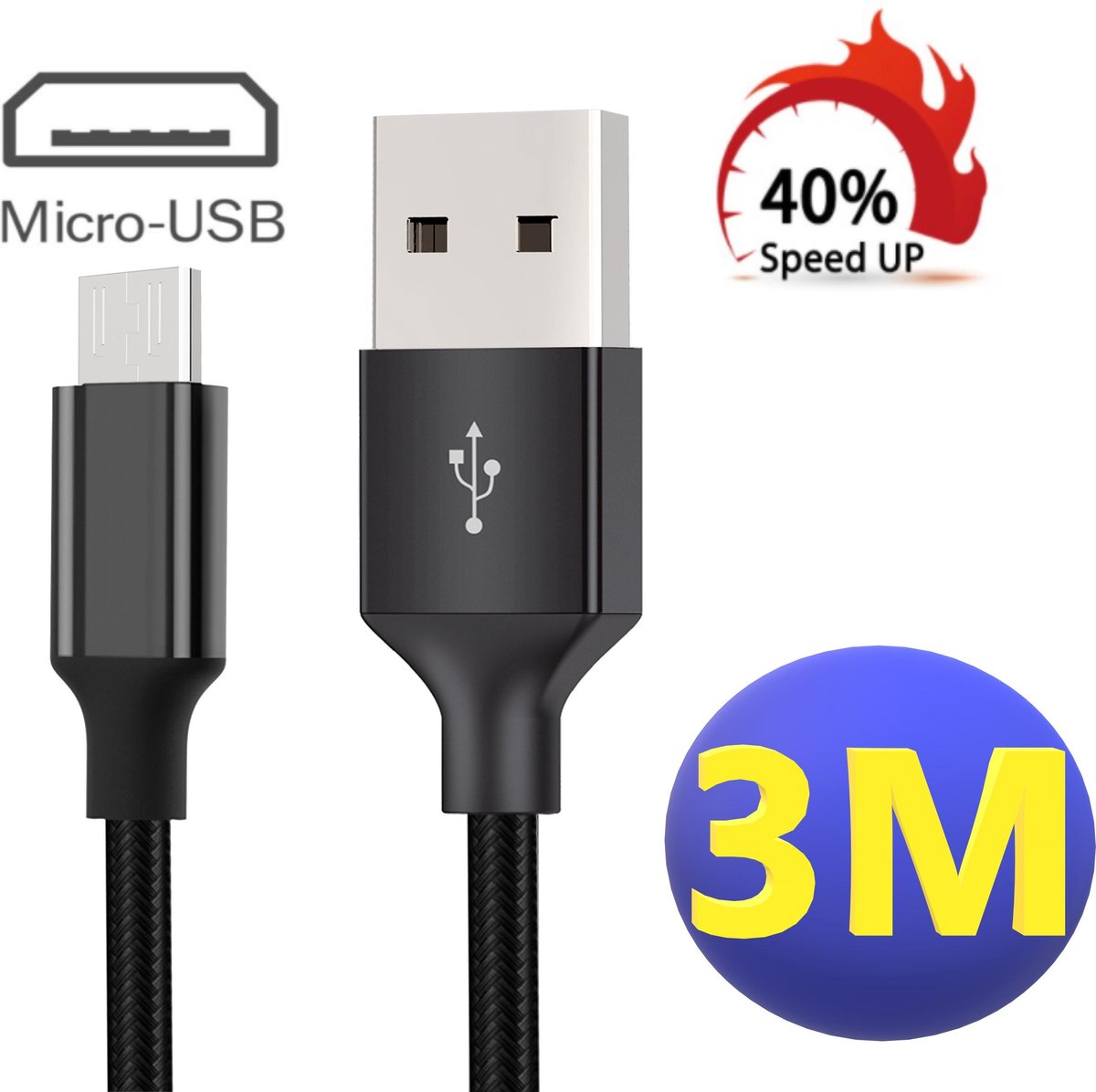 Phreeze Micro USB oplaadkabel - 3M - Gevlochten Nylon - Universele Kabel