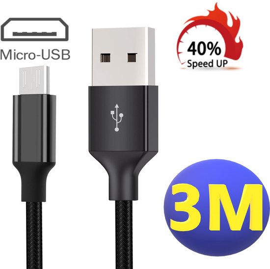 Micro USB Kabel - Nylon - 3M - Oplaadkabel - Snoer Micro USB - Geschikt  voor PS4 -... | bol.com