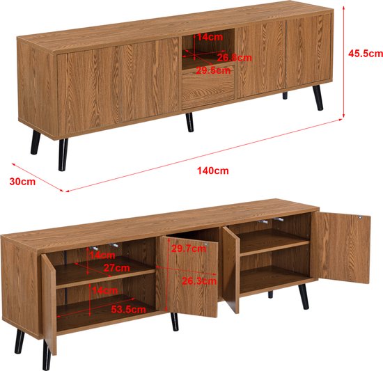Meuble TV Hedemora occupé et ouvert 140x30x45,5 cm couleur bois