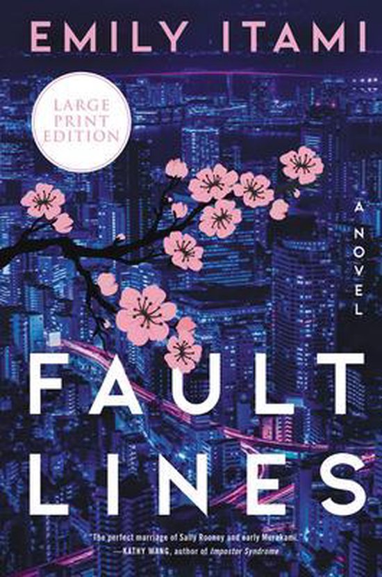 Boekomslag "Fault Lines" van Emily Itami met nachtelijk stadslandschap en bloeiende kersenbloesems.