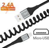 Micro USB Kabel - Premium Kabel - Snellaadkabel - 2.4A - 1.5M | Uitrekbaar | Krulsnoer - Geschikt voor Samsung - PS4 - Micro-USB - Nylon Gevlochten - Extra Sterk