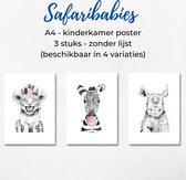 Safaribabies A4 poster - Leeuw, Zebra, Neushoorn - A4 Poster kinderkamer of babykamer - Baby kado - Design posters - Babyshower - Lief - Leuk - Dieren - Kaartje met een Staartje