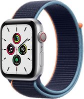 Apple Watch SE GPS + Cellular, 44 mm kast van zilverkleurig aluminium met intens blauw sportbandje