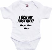 I won my first race tekst baby rompertje wit jongens en meisjes - Kraamcadeau - Babykleding 92 (18-24 maanden)