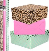 6x Rollen kraft inpakpapier/folie pakket - panterprint/roze/mint groen met zilveren stippen 200 x 70 cm - dierenprint papier