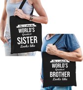 Worlds greatest Brother en Sister tasje zwart - Cadeau boodschappentasjes set voor Broer en Zus - Cadeau Broer en Zus