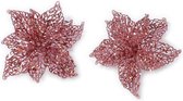 8x stuks decoratie kerstster bloemen roze glitter op clip 18 cm - Decoratiebloemen/kerstboomversiering/kerstversiering