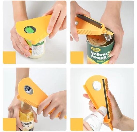 Gele multifunctionele opener verwijdert deksels van potten, blikken en flessen.