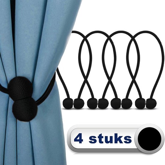 AWEMOZ Luxe Gordijn Embrasse - 4 stuks Zwart - Gordijnhouders - Embrasses voor Gordijnen - Gordijn Embrasse Haak - Magnetisch Gordijnkoord - 45 cm Lang