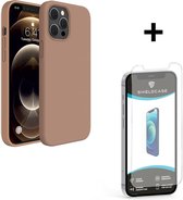 ShieldCase Silicone case geschikt voor Apple iPhone 12 / 12 Pro - lichtbruin + glazen Screen Protector